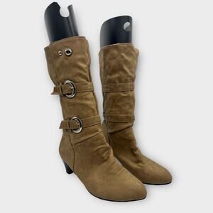 Light Brown Slouchy Buckled Kitten Heel Boots Size 41 US 9.5 Material unknown